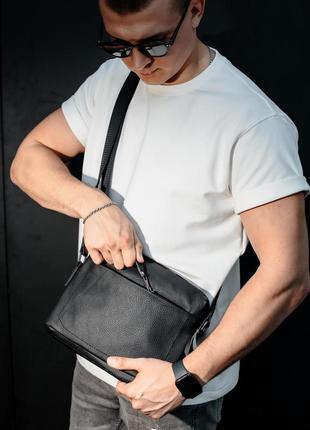Чоловіча чорна шкіряна сумка-мессенджер сумка через плече із натуральної шкіри4 фото