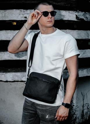 Чоловіча чорна шкіряна сумка-мессенджер сумка через плече із натуральної шкіри5 фото