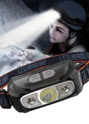 Налобный фонарик аккумуляторный led, с сенсором 2 режима работы, перезаряжаемый micro usb