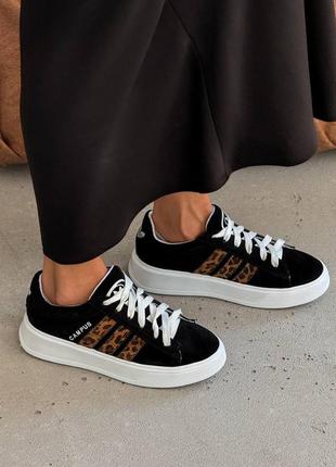 Жіночі стильні чорні шкіряні кросівки у стилі adidas campus з лео, леопардовими полосками та білою підошвою, з натуральної шкіри з леопардовим принтом