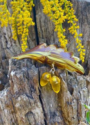 Винтаж! 🍂1970-е! желудь брошка пластиковая янтарь с подвесками дубовый лист