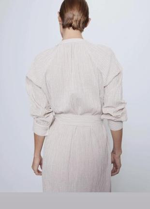 Льняное платье, платье, длинная рубашка, в полоску, с объемными рукавами, нюд, xl, zara2 фото