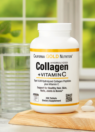 California gold nutrition, пептиди гідролізованого колагену з вітаміном c, тип 1 і 3, 250 таблеток