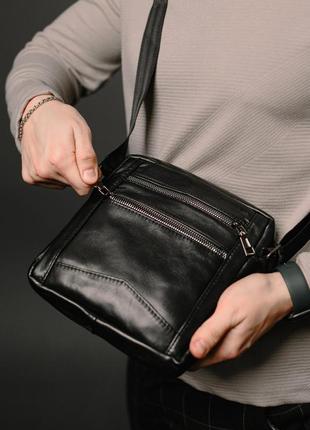 Мужская черная кожаная сумка мессенджер, сумка через плечо из натуральной гладкой кожи1 фото