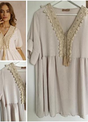 Блуза туніка з мереживом і китицями