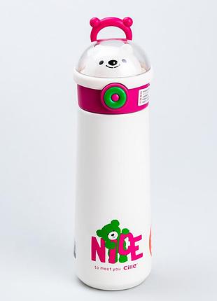 Термос детский 500 мл с поилкой трубочкой "медведь" розовый ep