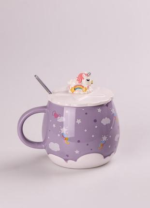 Чашка керамическая rainbow ceramic mug 400ml с крышкой и ложкой кружка для чая с крышкой сиреневый ep