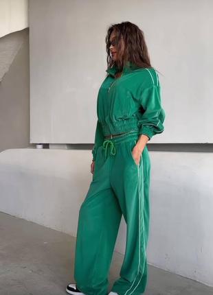 Костюм спортивний велюровий оверсайз кофта на блискавці на резинці штани вільного крою з кишенями якісний стильний зелений