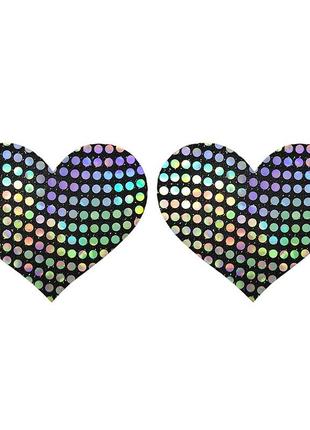 Стикини на грудь сердечка в горошек 8 см серебристо-черный