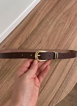 Узкий ремень ремешок коричневый женский с золотой пряжкой фурнитурой тоненький