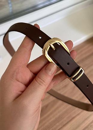 Узкий ремень ремешок коричневый женский с золотой пряжкой фурнитурой тоненький