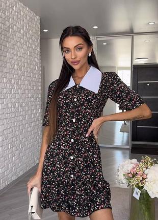 Платье женское короткое мини в мелкие цветы 42-46 черное, белое