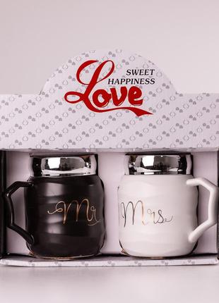 Набор керамических чашек mr & mrs 450мл с крышкой 2 штуки чашки для кофе ep