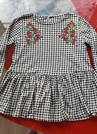 St bernard блуза вышиванка в школу черно-белая клетка девочке 7-8л 122-128см