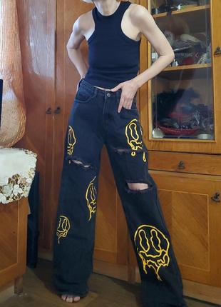 Широкі джинси shein труби палаццо зі смайликами baggy багі прямі