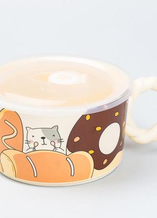 Керамічна бульйонниця 800 мл із пластиковою кришкою "кіт" супниця миска для локшини