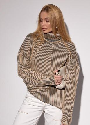 Женский вязаный свитер оверсайз с узором в рубчик - кофейный цвет, l (есть размеры)7 фото