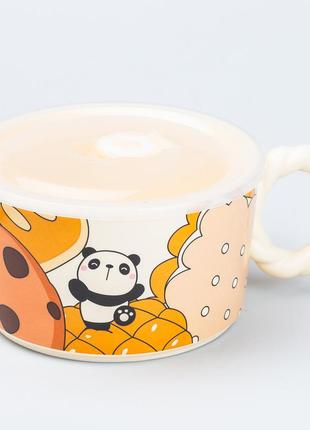 Керамічна бульйонниця 800 мл із пластиковою кришкою панда супниця миска для локшини