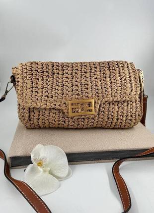 Жіноча сумка солома туреччина солом'яна сумка  в стилі fendi беж, сумка через плече турція з соломи туреччина сумка піл стиль fendi roma фенди фенді