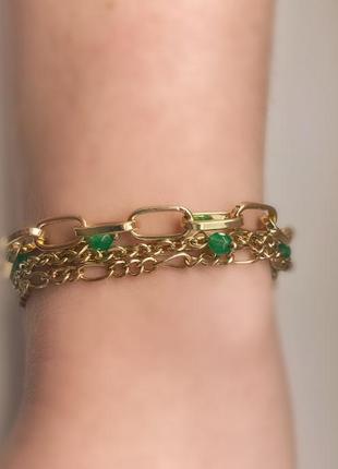 Золотий браслет із нержавіючої сталі у вигляді ланцюгів із зеленими намистинами2 фото