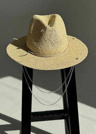 Капелюх федора жіночий d.hats з рафія з подвійним ланцюгом серебро світло бежевий