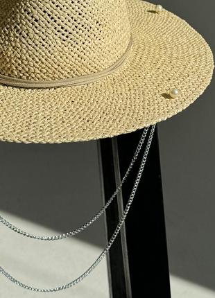 Капелюх федора жіночий d.hats з рафія з подвійним ланцюгом серебро світло бежевий4 фото