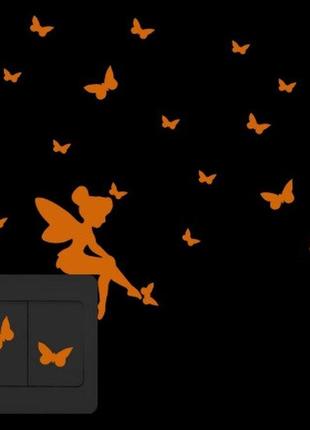 Люминесцентная оранжевая наклейка "фея с бабочками" - 7,5*7,5см (наклейка набирает свет и светится в темноте)2 фото