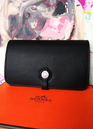 Подвійний гаманець hermes dogon duo wallet togo leather чорного кольору