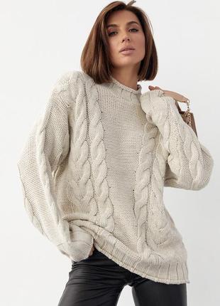 Вязаный свитер с косами oversize - бежевый цвет, l (есть размеры)
