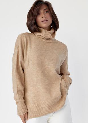 Женский свитер oversize с разрезами по бокам - светло-коричневый цвет, s (есть размеры)9 фото