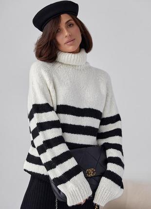 Вязаный женский свитер в полоску - молочный цвет, l (есть размеры)