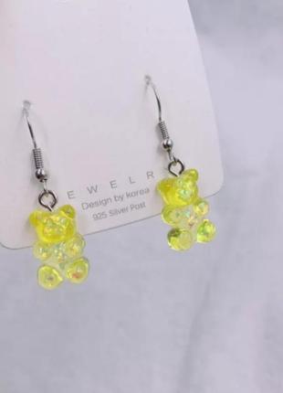 Серьги желейные мишки, желтые перламутровые, размер 1,6*1см, смола