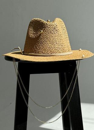 Капелюх федора жіночий d.hats з рафія з подвійним ланцюгом золото коричневий5 фото