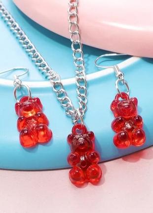 Украшения мишки (набор) красный - в набор входит сережки ожна пара и цепочка с кулоном, материал смола