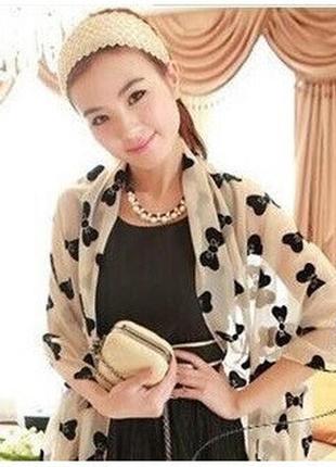 Женский бежевый шарф с бантиками - размер шарфа 145*43см, шифон