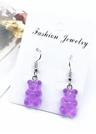 Серьги с мишками сиреневые в виде мультяшного медведя, размер 1,6*1см, смола
