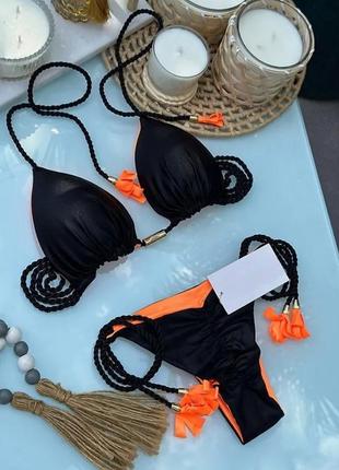 Купальник раздельный женский на завязках s черно-оранжевый