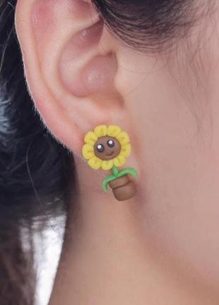 Красивые детские серёжки "подсолнухи" - длина 3,5см, полимерная глина