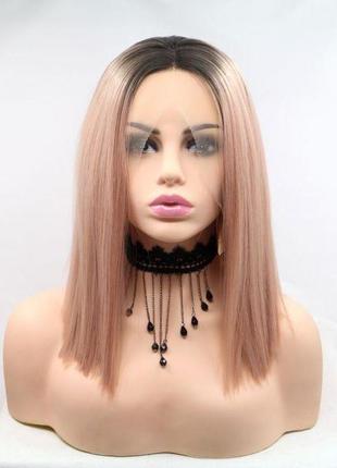 Парик zadira женский короткое прямое каре на сетке в цвете роза голд