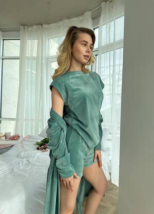 Домашний велюровый плюшевый костюм комплект пижама четыре в одном халат кимоно футболка шорты штаны бирюзовый для дома для беременных8 фото