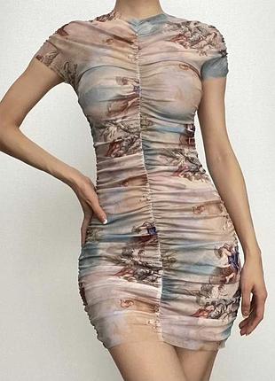 Платье картина,сетка, прозрачное,на пляж, фотосессию, пляжное мини