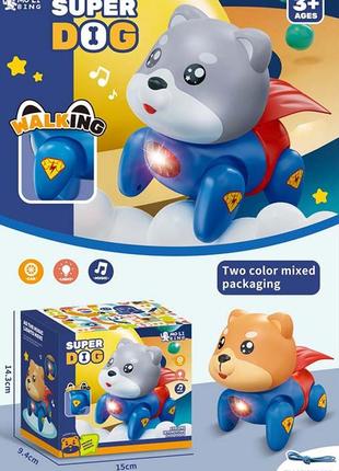Музична іграшка qb-25y (54шт) собака, 15см, ходить, музика, світло, резинка, на бат-ці, 2 кольори, в кор-ці,