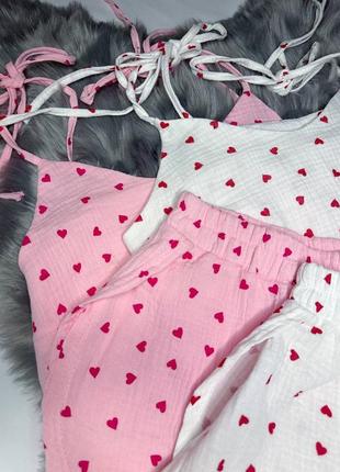 Мусліновий домашній костюм комплект, піжама натуральна бавовна. пижама пижамка сердечки майка шорты2 фото