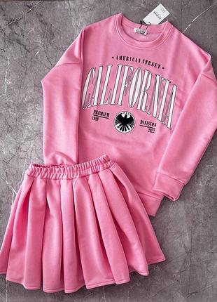 Стильний трикотажний жіночий костюм світшот california і спідниця міні комплект спорт шик