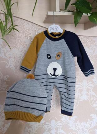 🌿теплий комплект ромпер + шапка, чоловічок, комбінезон