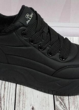 Женские allsy (lonza) кожаные черные зимние кроссовки
