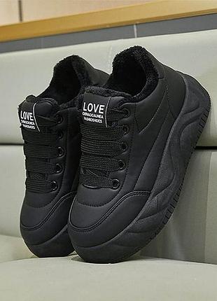 Женские allsy (lonza) кожаные черные зимние кроссовки