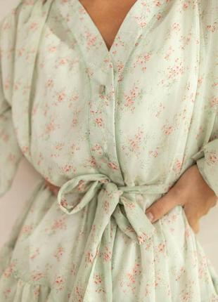 Легка шифонова сукня ann з поясом колір оливка квіти3 фото