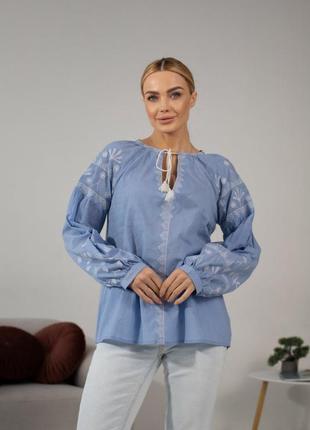 Вишиванка жіноча m l xl xxl блуза з вишивкою блакитна indira