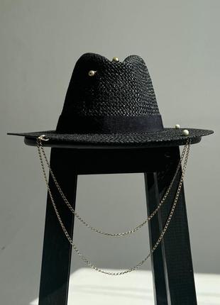 Капелюх федора жіночий d.hats з рафія з подвійним ланцюгом золото чорний